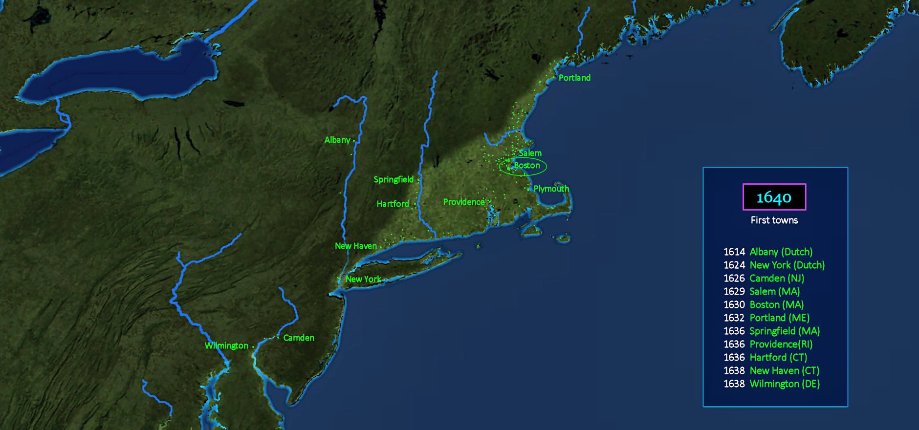 New England settlements, 1640 map